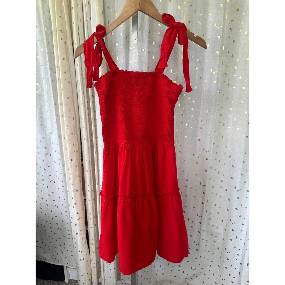 Zesica NWT Smocked Self Tie Straps Ruffle Trim Tiered Swing Mini Dress S